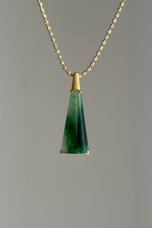 #P0445 "Wushi/Peace" Icy Rich Green Jadeite Jade Peace 18K Yellow Gold Pendant