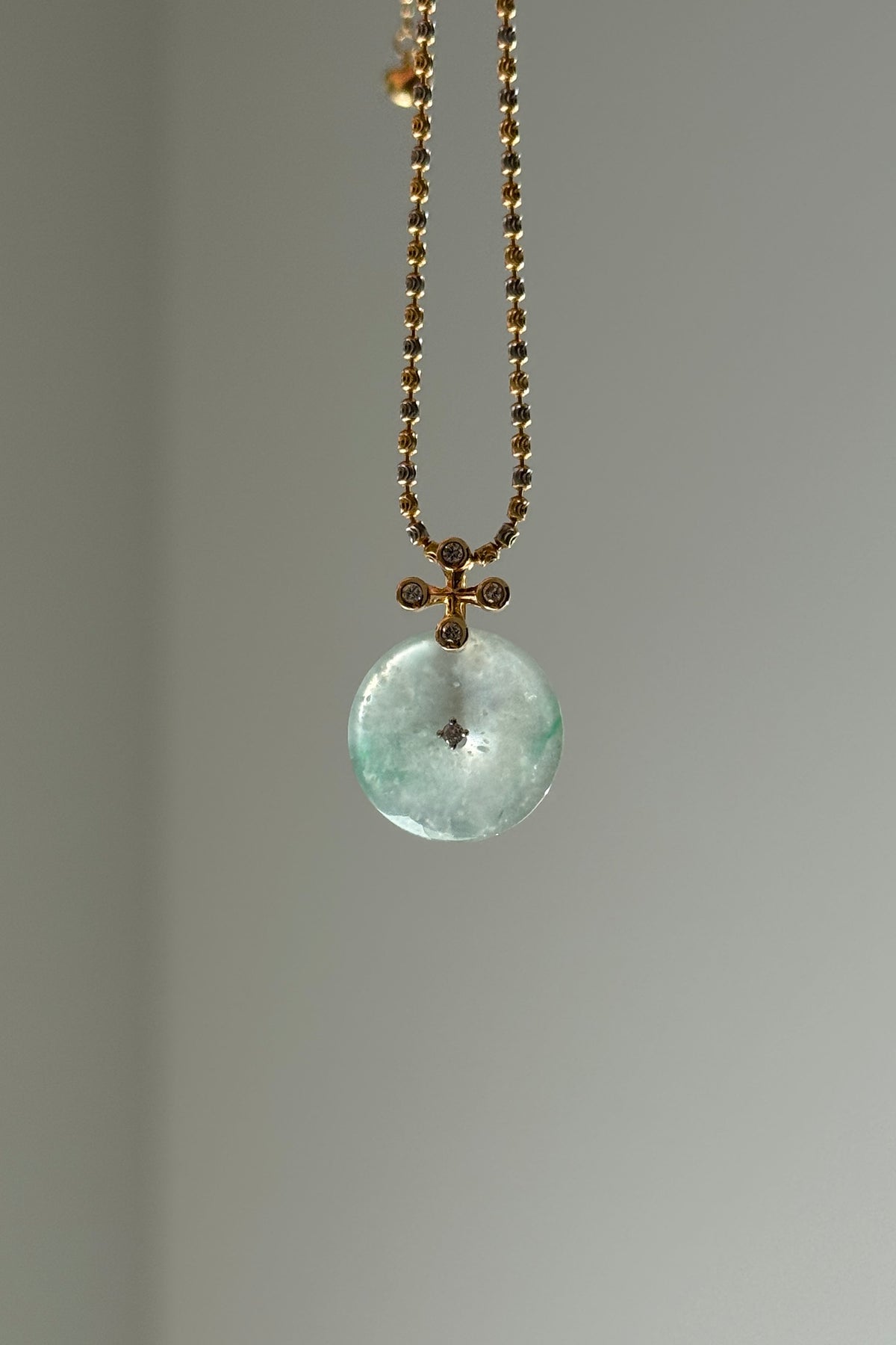 #P0571 "Blossom Bi" Highly Icy White Sun Green Jadeite Jade Donut 18K Yellow Gold Pendant