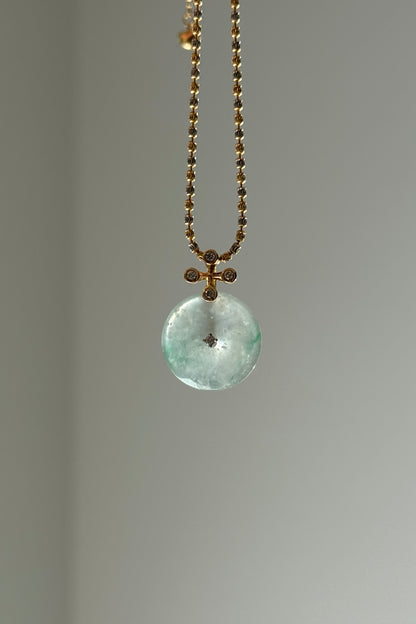 #P0571 "Blossom Bi" Highly Icy White Sun Green Jadeite Jade Donut 18K Yellow Gold Pendant