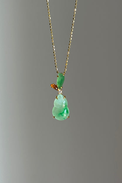 #P0563 "Hulu/Gourd" Icy Sun Green & Golden Yellow Jadeite Jade 18K Yellow Gold Pendant