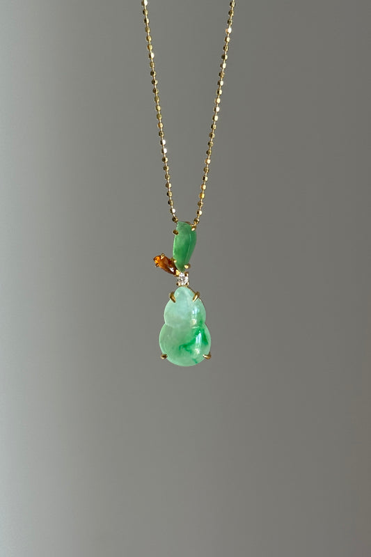 #P0563 "Hulu/Gourd" Icy Sun Green & Golden Yellow Jadeite Jade 18K Yellow Gold Pendant