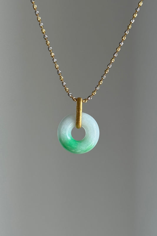 #P0455 "Bi" Vivid Green Jadeite Jade Donut 18K Yellow Gold Pendant