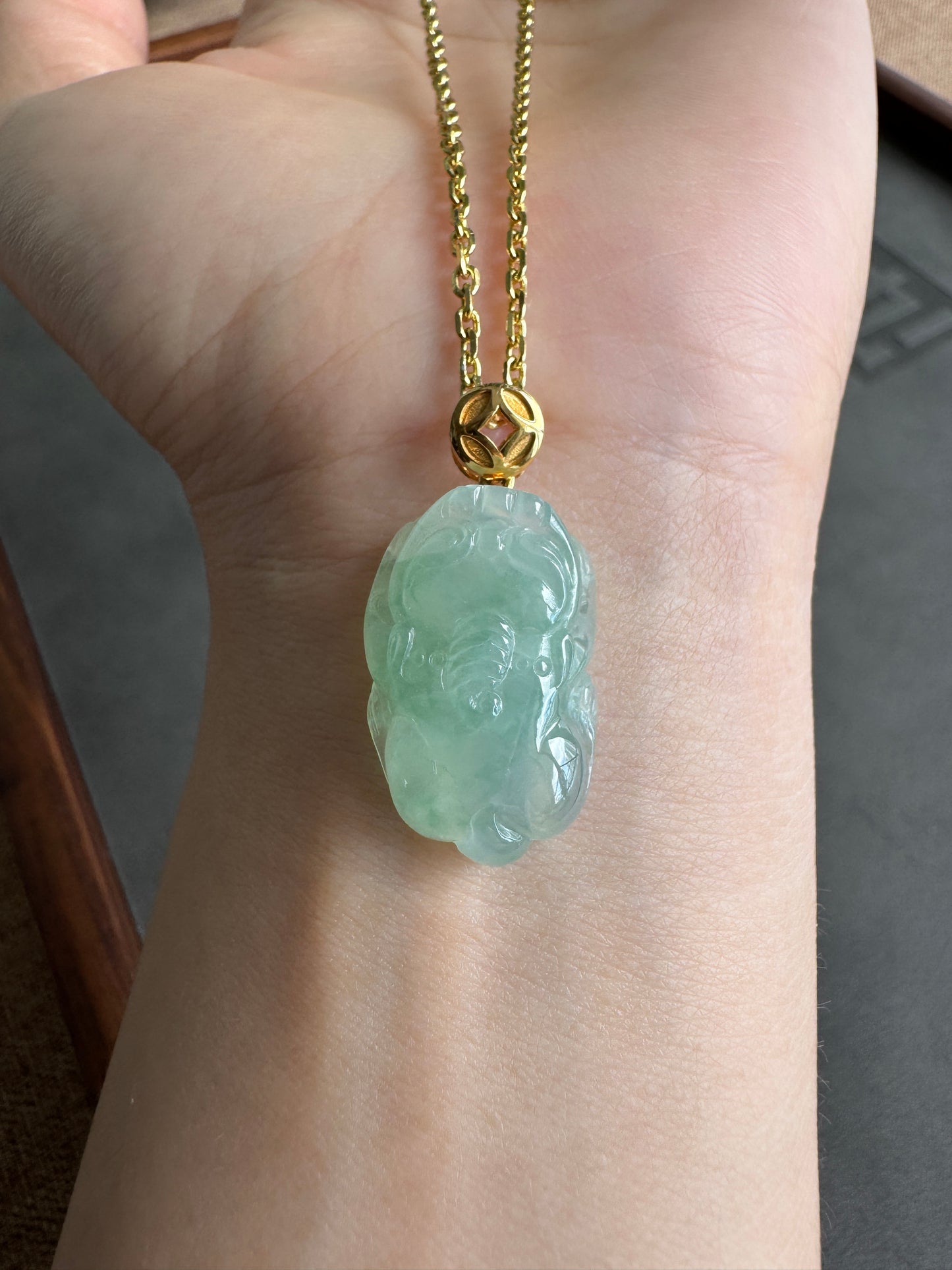 #0437 "Pixiu" Icy Apple Green Jadeite Jade 18K Yellow Gold Pendant