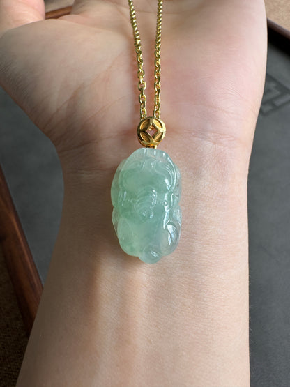 #0437 "Pixiu" Icy Apple Green Jadeite Jade 18K Yellow Gold Pendant