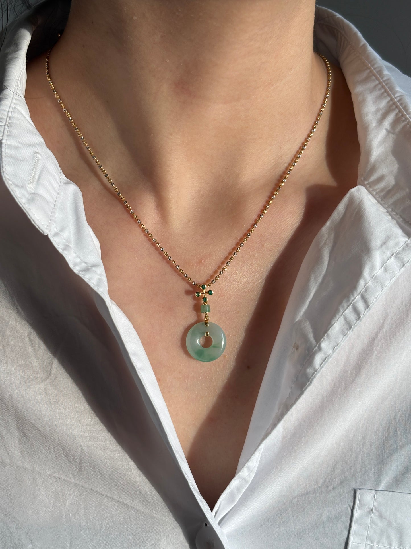 #P0541 "Bi" Icy Sun Green Jadeite Jade Donut 18K Yellow Gold Pendant