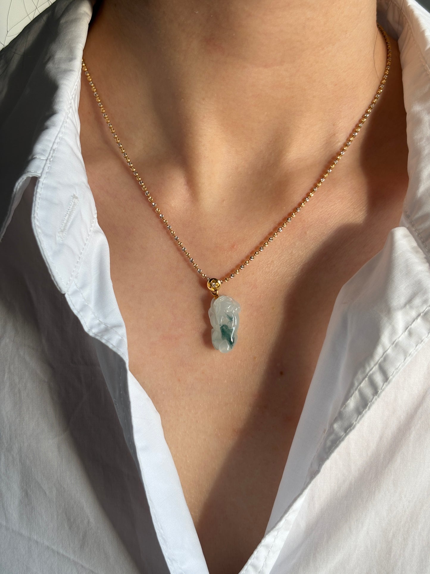 #P0547 "Pixiu" Icy Blue Flower Jadeite Jade 18K Yellow Gold Pendant