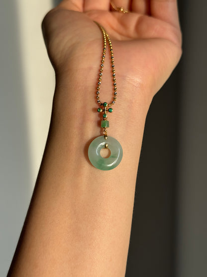 #P0541 "Bi" Icy Sun Green Jadeite Jade Donut 18K Yellow Gold Pendant
