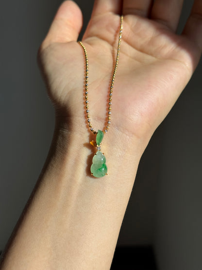 #P0563 "Hulu/Gourd" Icy Sun Green & Golden Yellow Jadeite Jade 18K Yellow Gold Pendant