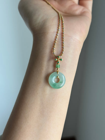 #P0541 "Bi" Icy Sun Green Jadeite Jade Donut 18K Yellow Gold Pendant