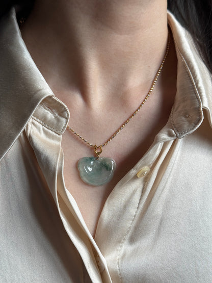 #P0517 "Ruyi / As Your Wish" Icy Green Flower Jadeite Jade 18K Yellow Gold Pendant