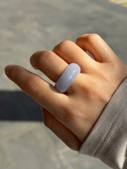 #R0607 Icy Lavender Yellow Flower Jadeite Jade Wide Band Ring Size 8
