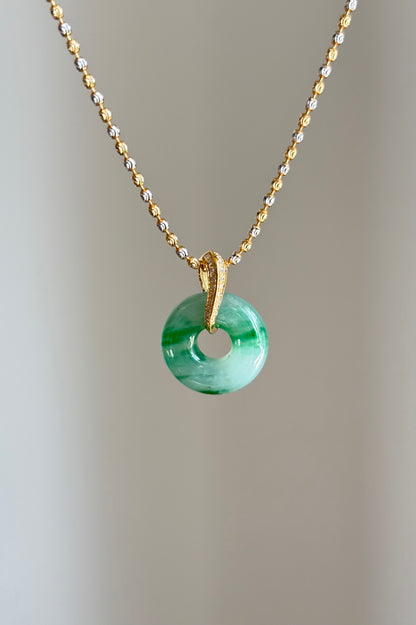 #P0480 "Bi" Icy Imperial Sun Green Jadeite Jade Donut 18K Yellow Gold Pendant