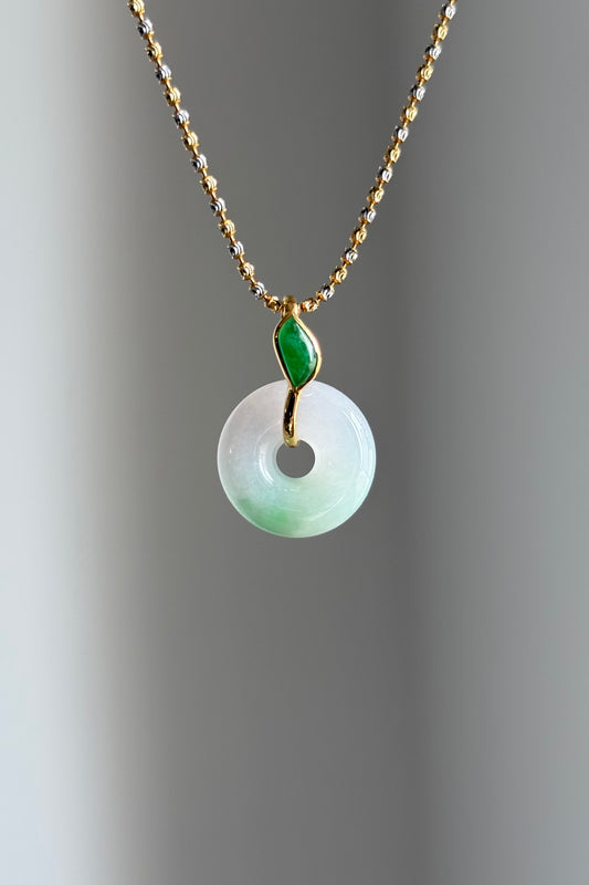 #P0459 "Bi" Icy Sun Green Light Lavender Jadeite Jade Donut 18K Yellow Gold Pendant