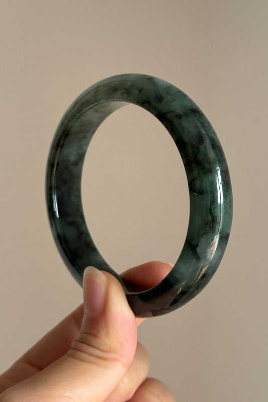 #0409 Icy Dark Olive Green Ink Flower Jade Bangle Size 56.3