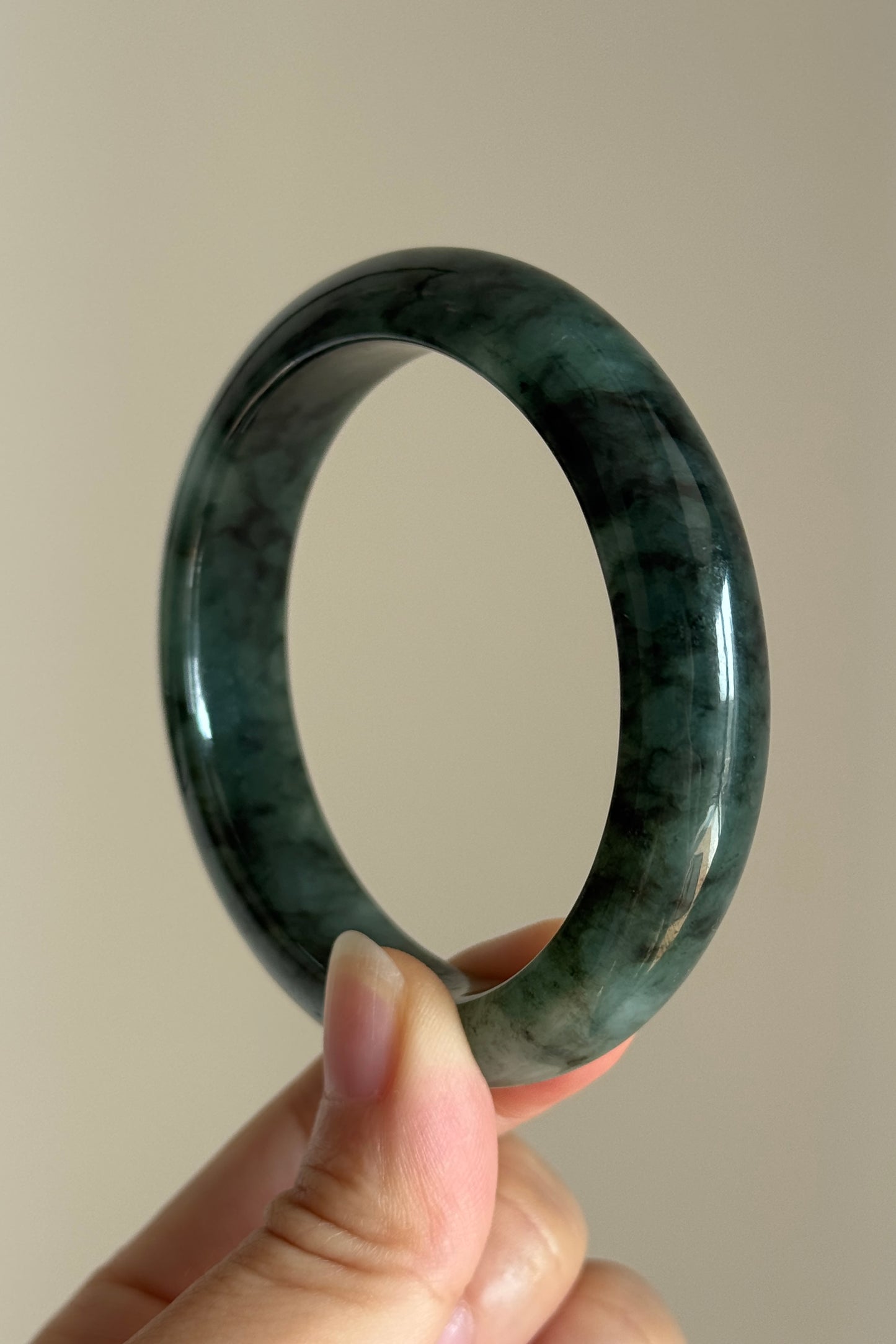 #0409 Icy Dark Olive Green Ink Flower Jade Bangle Size 56.3