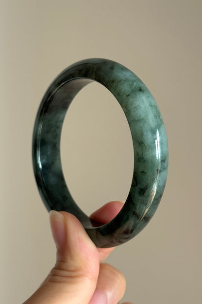 #0409 Icy Dark Olive Green Ink Flower Jade Bangle Size 56.3