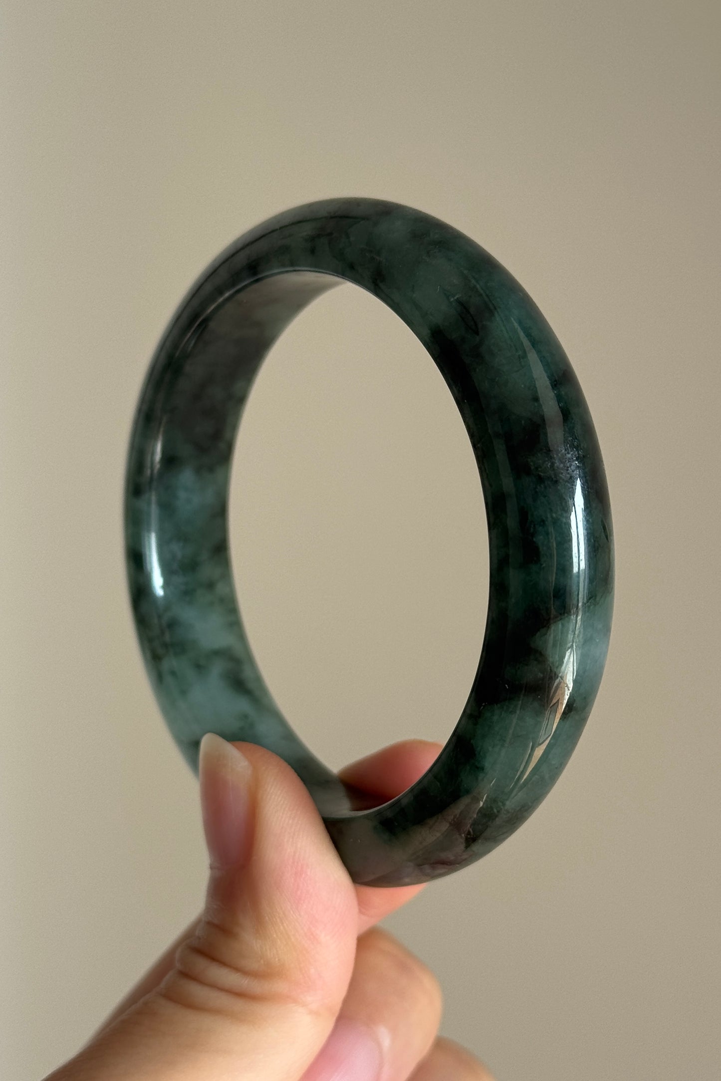 #0409 Icy Dark Olive Green Ink Flower Jade Bangle Size 56.3
