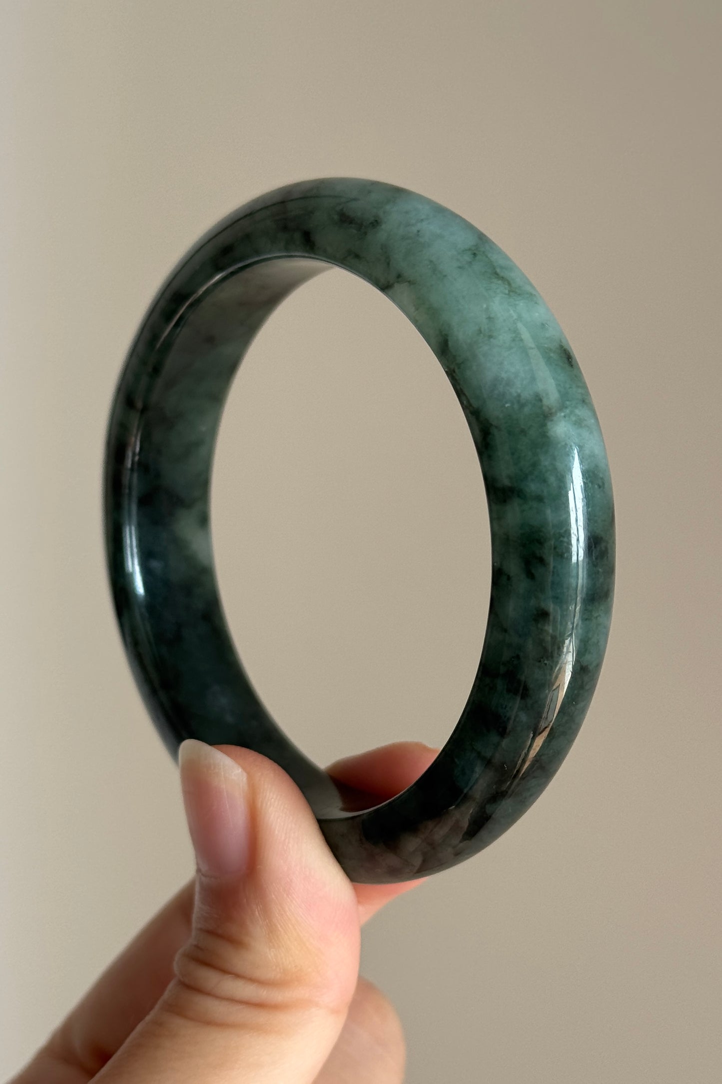 #0409 Icy Dark Olive Green Ink Flower Jade Bangle Size 56.3