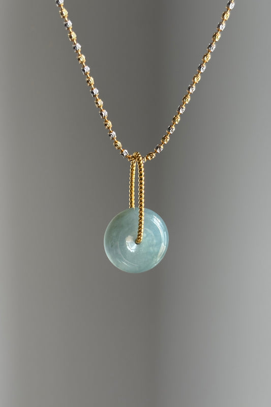 #P0452 "Bi" Highly Icy Blue Lavender Jadeite Jade Donut 18K Yellow Gold Pendant