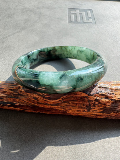 #0409 Icy Dark Olive Green Ink Flower Jade Bangle Size 56.3
