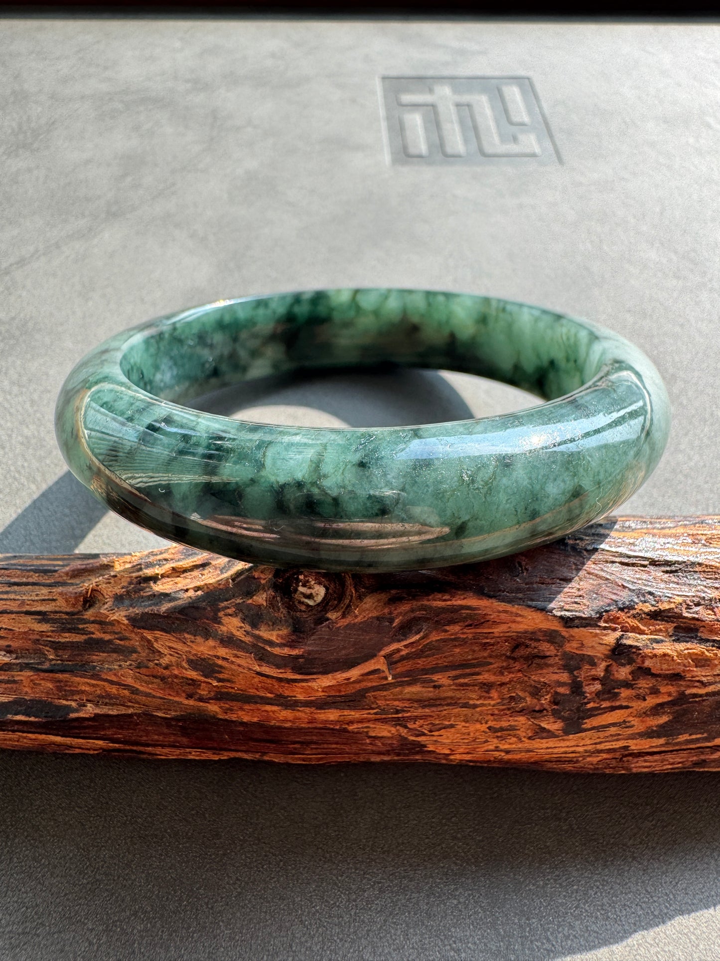 #0409 Icy Dark Olive Green Ink Flower Jade Bangle Size 56.3