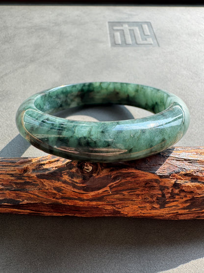 #0409 Icy Dark Olive Green Ink Flower Jade Bangle Size 56.3