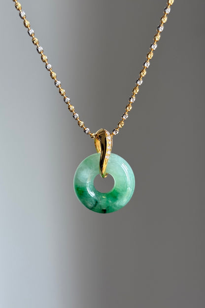 #P0454 "Bi" Icy Sun Green Jadeite Jade Donut 18K Yellow Gold Pendant