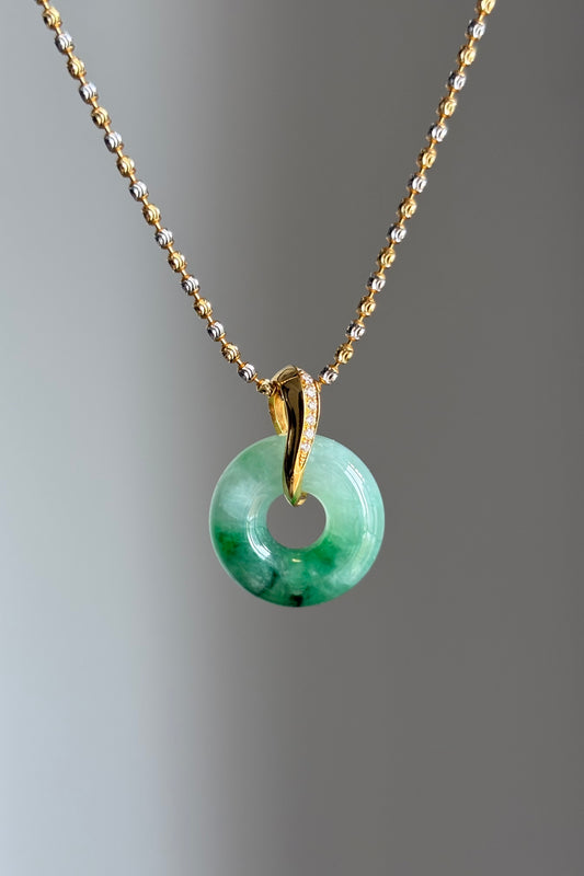 #P0454 "Bi" Icy Sun Green Jadeite Jade Donut 18K Yellow Gold Pendant