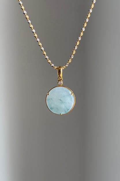#P0463 "Wushi/Peace" Icy Lavender Green Flower Jadeite Jade 18K Yellow Gold Pendant