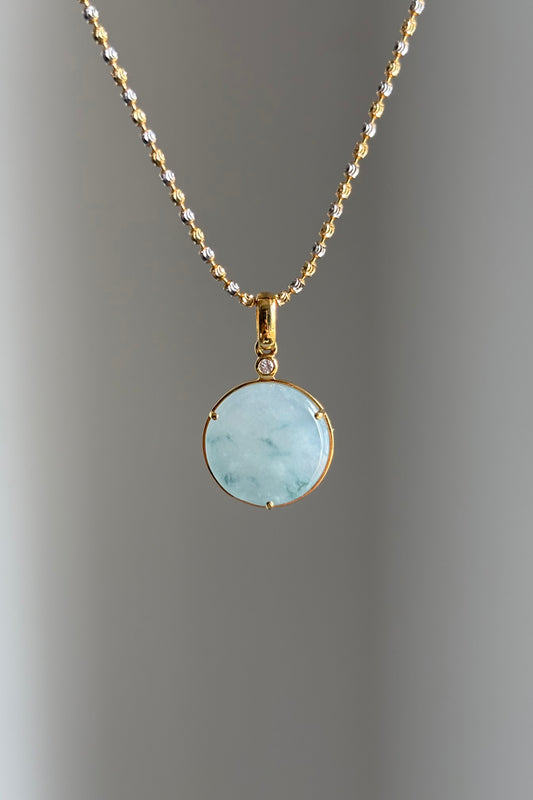 #P0463 "Wushi/Peace" Icy Lavender Green Flower Jadeite Jade 18K Yellow Gold Pendant