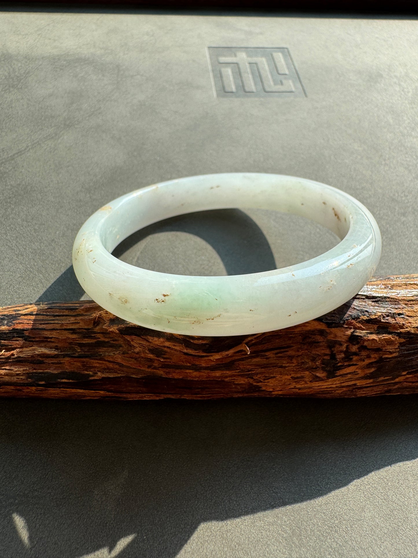 #0416 Icy Light Green Golden Flecks Jade Bangle Size 59.8