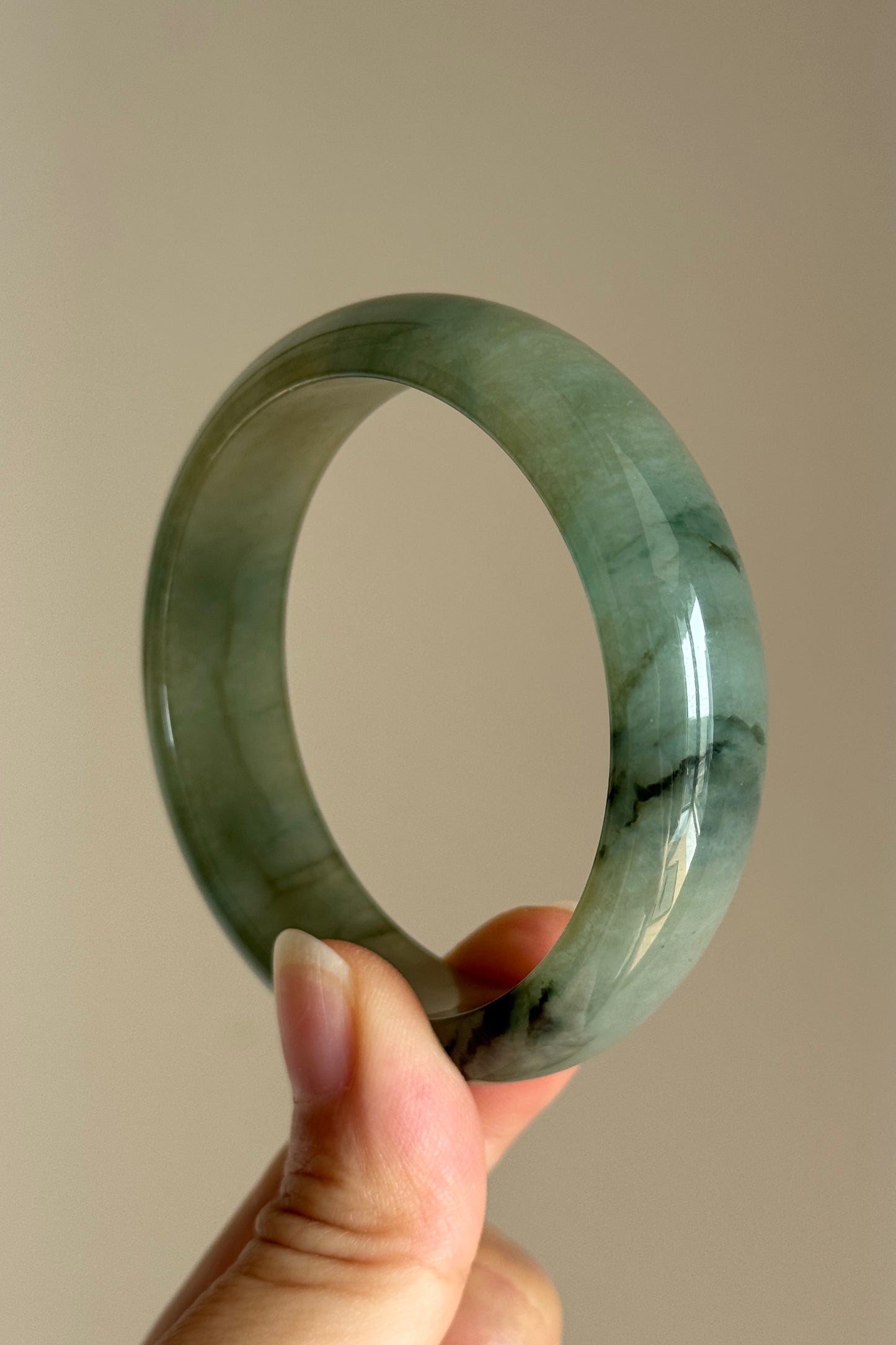 #0410 Icy Olive Green Yellow Ink Flower Jade Bangle Size 53.2