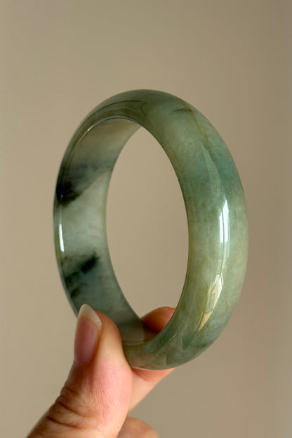#0410 Icy Olive Green Yellow Ink Flower Jade Bangle Size 53.2