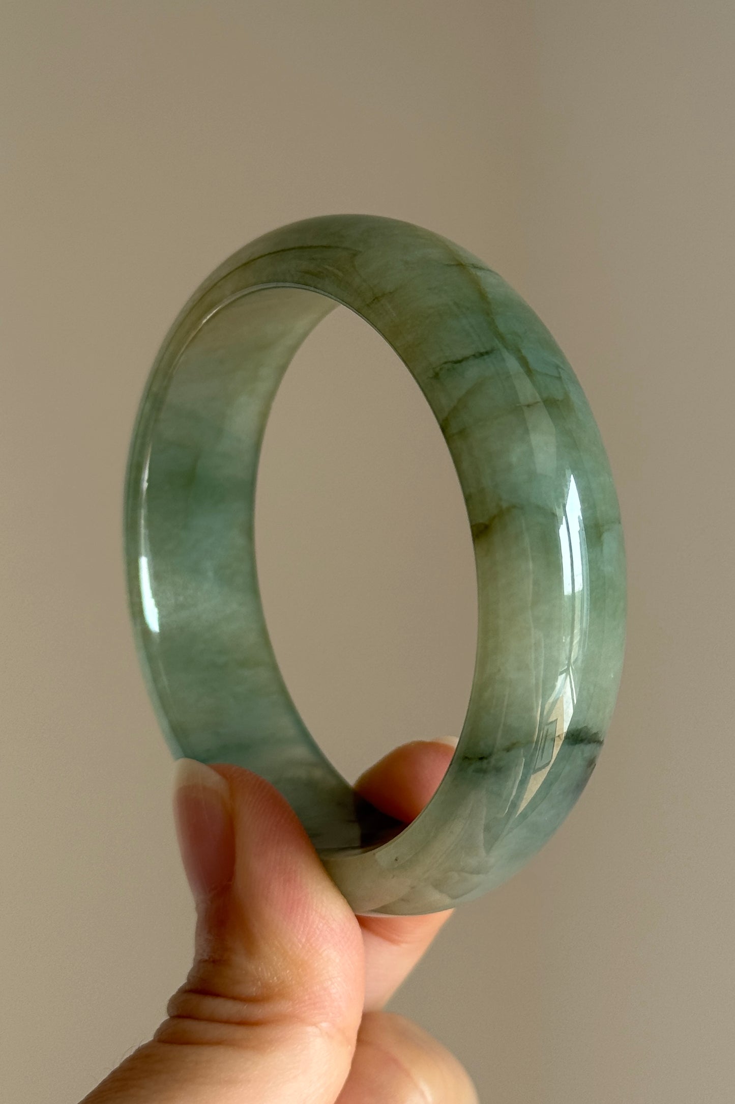 #0410 Icy Olive Green Yellow Ink Flower Jade Bangle Size 53.2