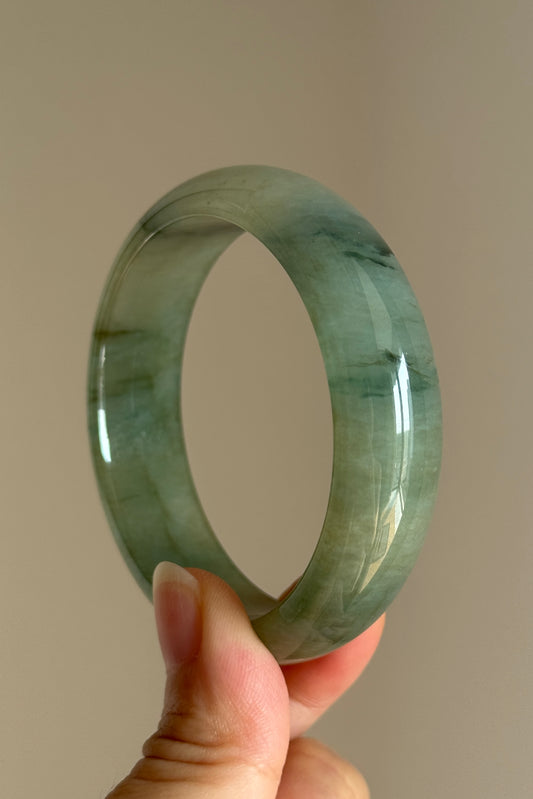 #0410 Icy Olive Green Yellow Ink Flower Jade Bangle Size 53.2