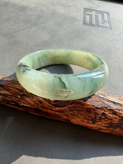 #0410 Icy Olive Green Yellow Ink Flower Jade Bangle Size 53.2