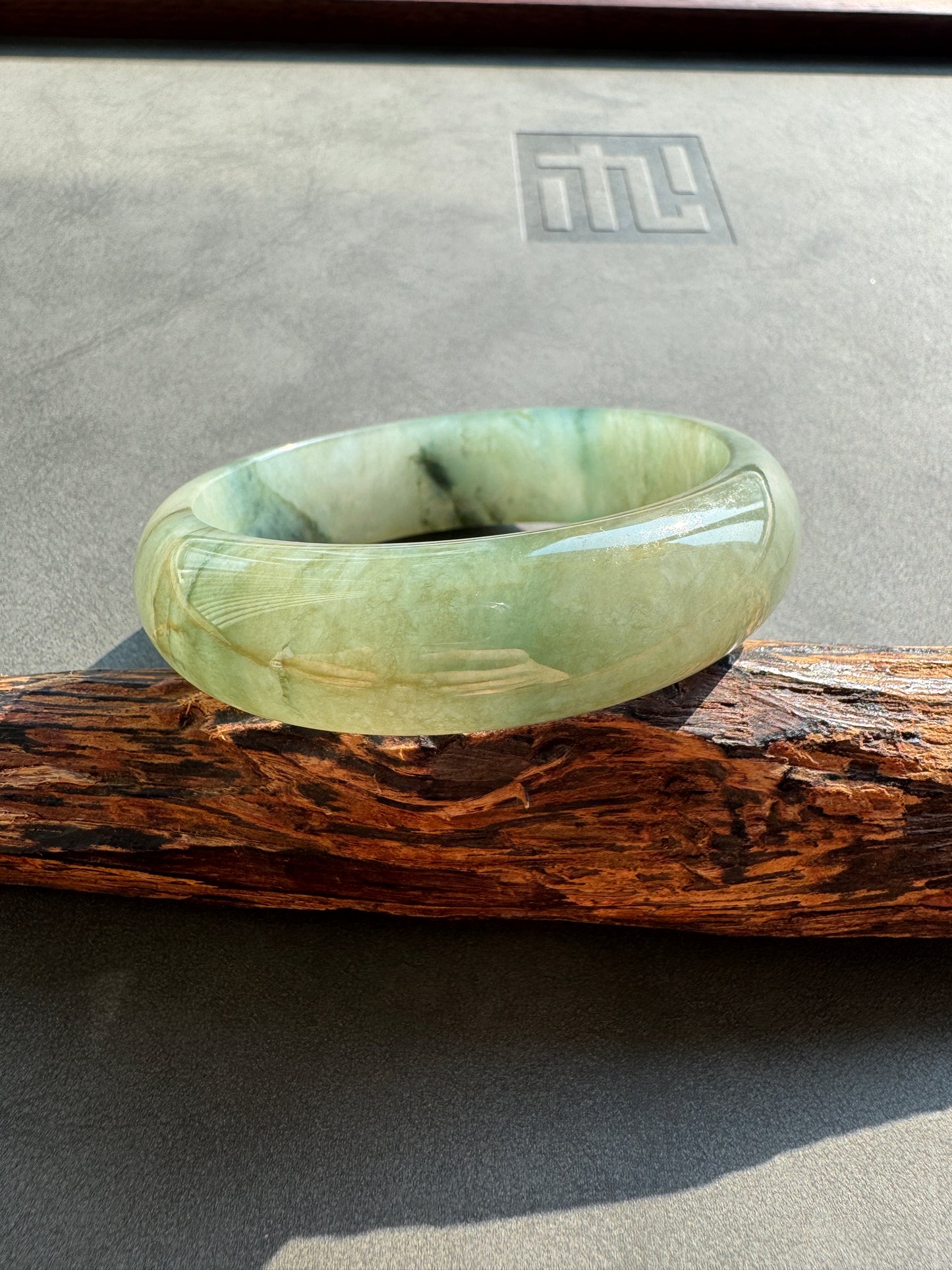 #0410 Icy Olive Green Yellow Ink Flower Jade Bangle Size 53.2