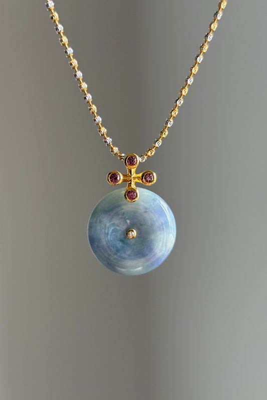 #P0475 "Bi" Icy Monet Lavender & Green Jadeite Jade Donut 18K Yellow Gold Pendant