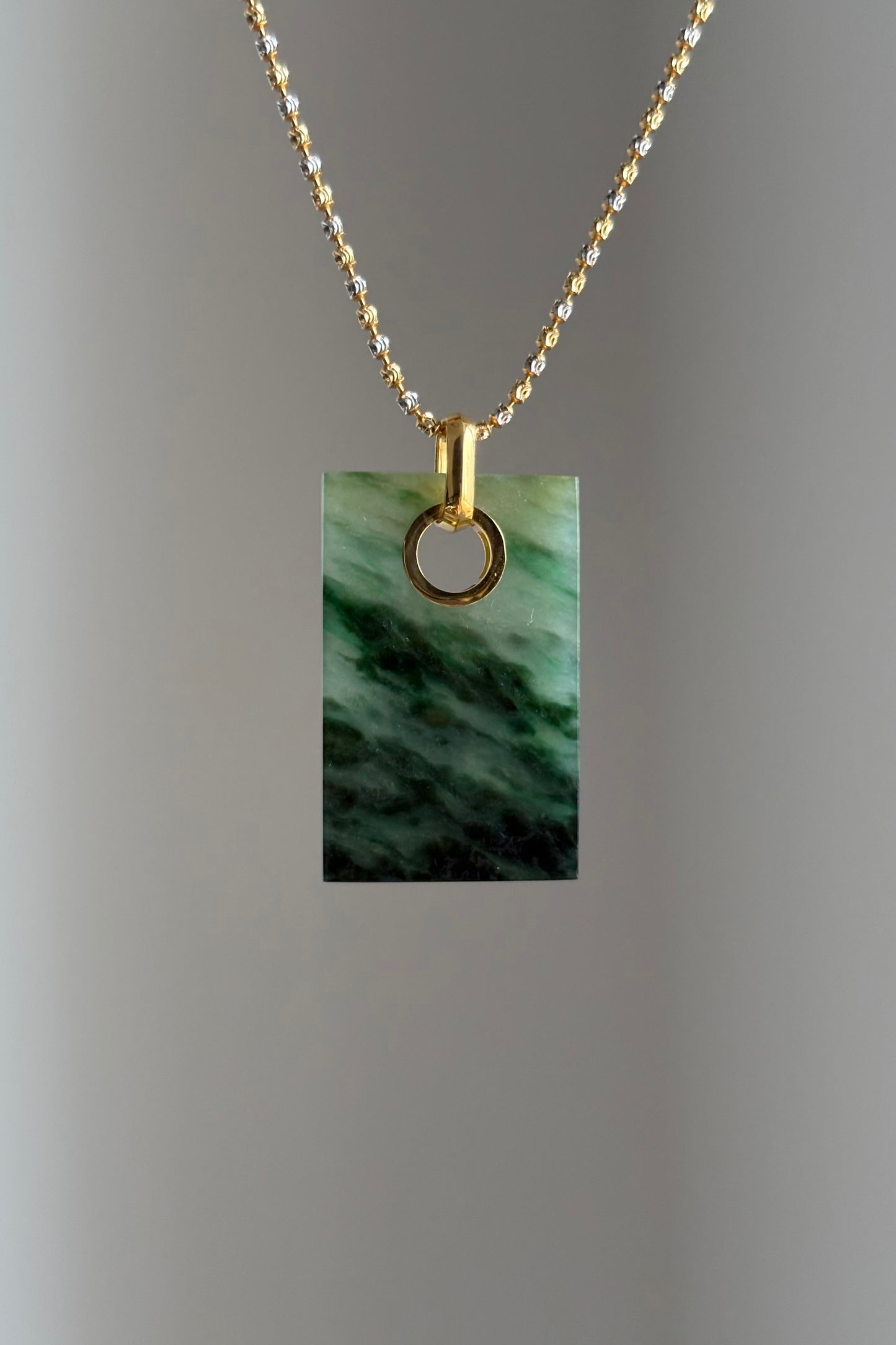 #P0456 "Wushi/Peace" Icy Dark Green Jadeite Jade 18K Yellow Gold Pendant