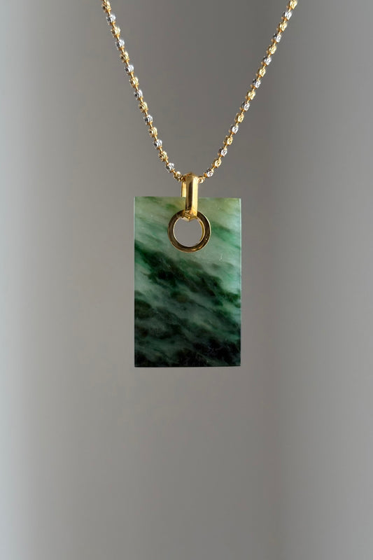 #P0456 "Wushi/Peace" Icy Dark Green Jadeite Jade 18K Yellow Gold Pendant