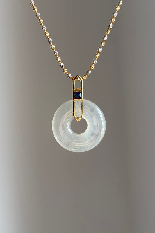 #P0473 "Bi" Highly Icy White Jadeite Jade Donut 18K Yellow Gold Pendant