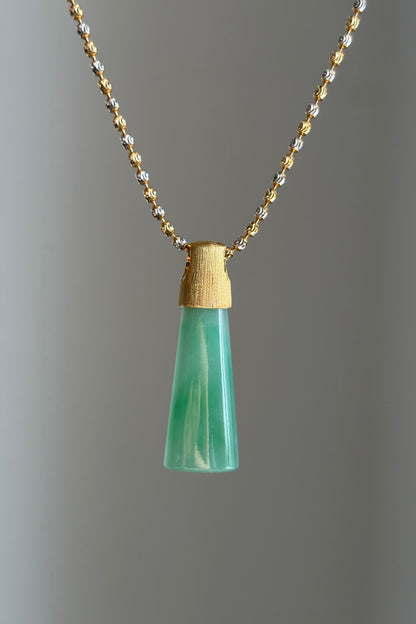 #P0458 "Wushi/Peace" Icy Lotus Green Jadeite Jade Peace 18K Yellow Gold Pendant