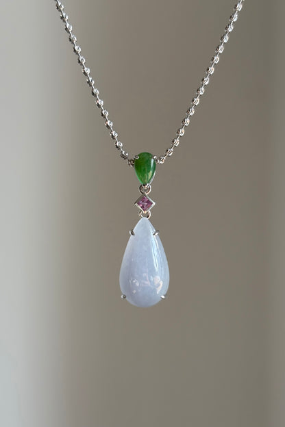 #P0461 "Water Drop" Icy Lavender & Sun Green Jadeite Jade Pink Sapphire 18K White Gold Pendant