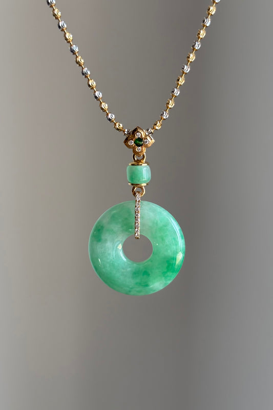 #P0434 "Bi" Icy Bright Sun Green Jadeite Jade Donut 18K Yellow Gold VS Diamonds Pendant