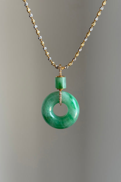 #P0436 "Ping An Kou" Vivid Green Jadeite Jade Donut 18K Yellow Gold VS Diamonds Pendant