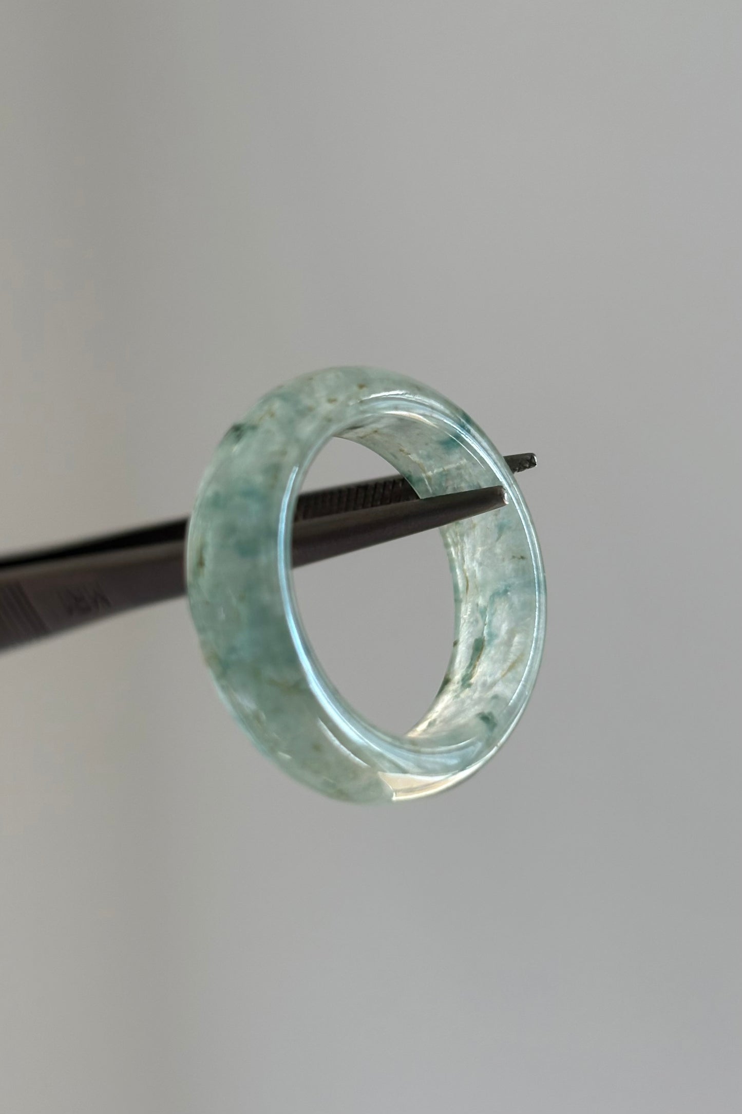 #R0611 Highly Icy Bluish Green and Yellow Flower Jadeite Jade Band Ring Size 8.25