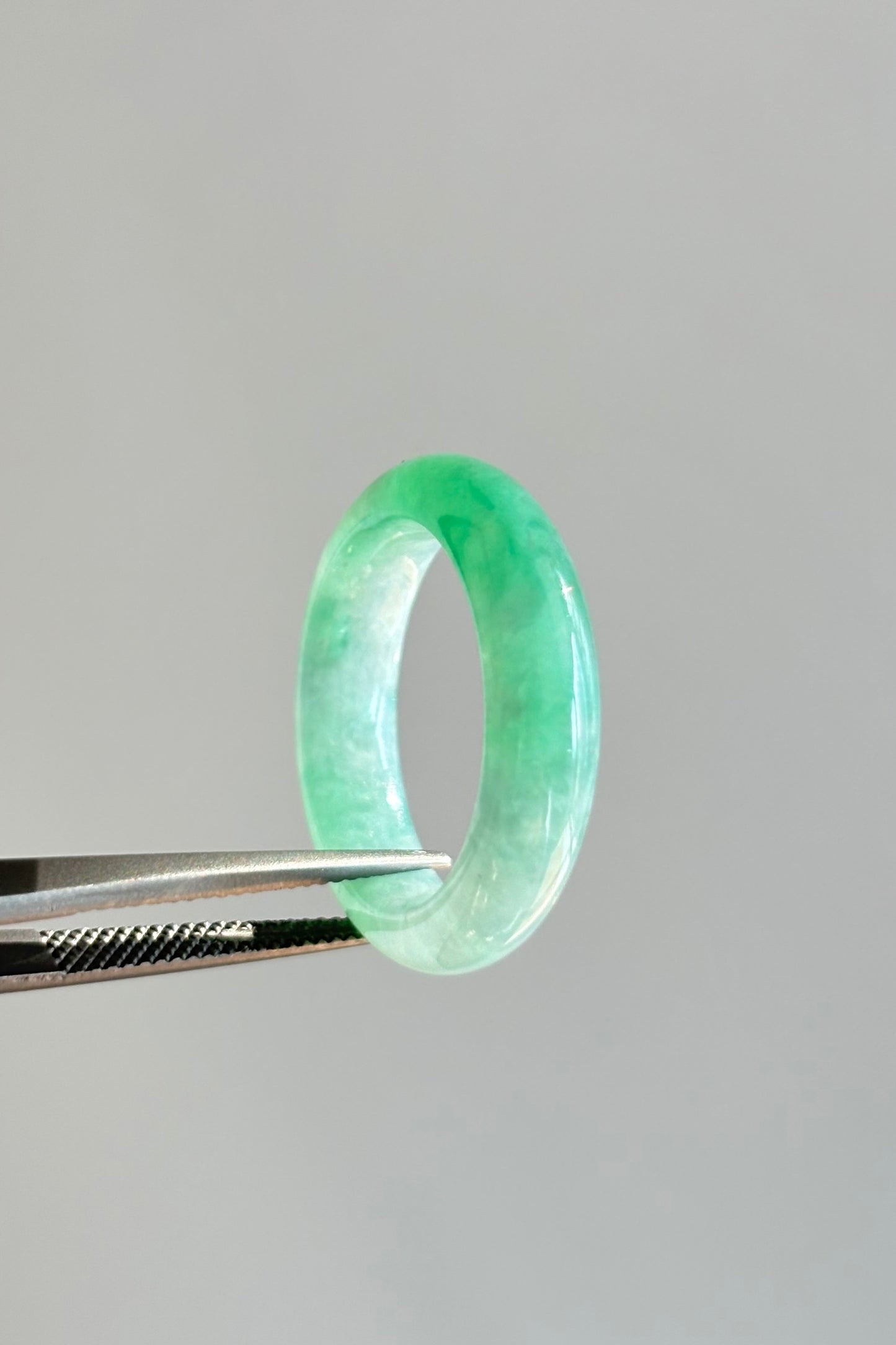 #R0614 Icy Bright Sun Green Jadeite Jade Band Ring Size 7.5