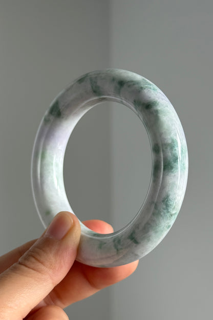 #0336 Green Flower Lavender Jade Bangle Size 53.5 (fits up to 54.5)
