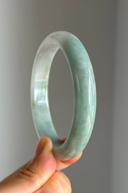 #0342 Lotus Green White Yellow Jade Bangle Size 60