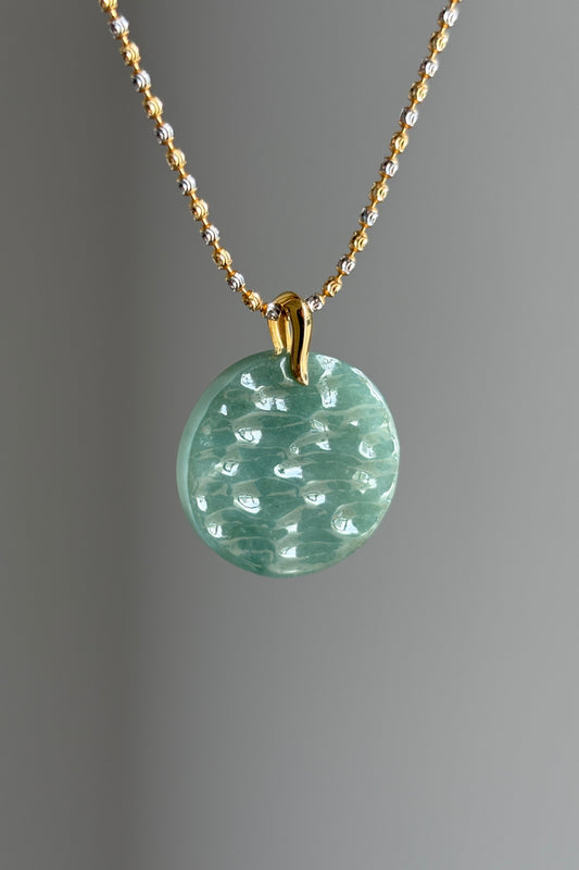 #P0477 "The West Lake" Icy Bluish Green Water Jadeite Jade 18K Yellow Gold Pendant